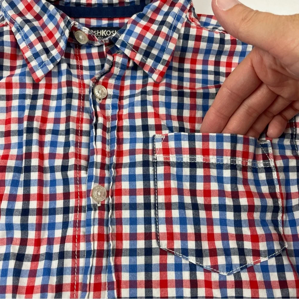 OshKosh B'gosh Red White Blue Plaid Gingham Long Sleeve Button Down Shirt Boy